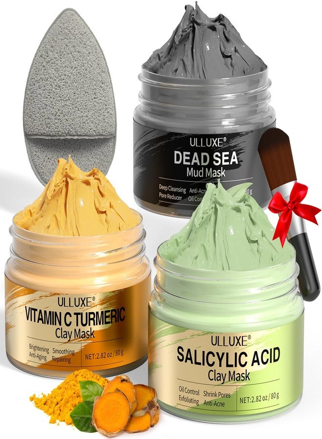 ulluxe Facial Clay Mask Set - Vitamin C Turmeric Face Mask, Dead Sea Mud & Salicylic Acid (BHA) Mask for Pore Cleansing, Brightening, Blackheads & Dark Spots, Face Masks Skincare Gift for Women, 2.82 oz each - Image 1